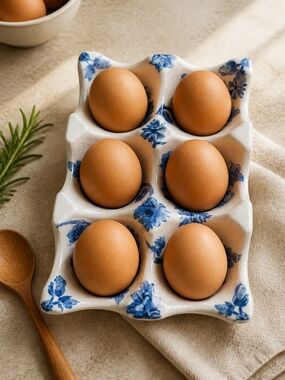 White blue Ceramic egg Storage Tray with decoupage